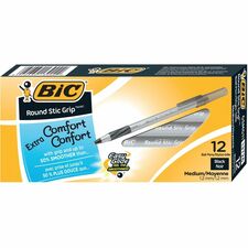 BIC Round Stic Grip Extra Comfort Black Ballpoint Pens, Medium Point (1.2mm), 12-Count Pack, Perfect Writing Pens With Soft Grip for Superb Comfort and Control BICGSMG11BK