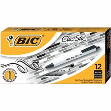 BIC Clic Stic Black Retractable Ballpoint Pens, Medium Point (1.0 mm), 12-Count Pack, Round Barrel Design for Comfortable Writing BICCSM11BK