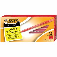 BIC Round Stic Extra Life Red Ballpoint Pens, Medium Point (1.0 mm), 12-Count Pack of Bulk Pens, Flexible Round Barrel for Writing Comfort, No. 1 Selling Ballpoint Pens BICGSM11RD