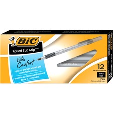 BIC Round Stic Grip Extra Comfort Black Ballpoint Pens, Medium Point (1.2mm), 12-Count Pack, Excellent Writing Pens With Soft Grip for Superb Comfort and Control BICGSFG11BK
