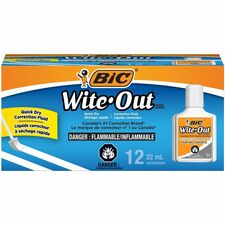 BIC Wite Out Quick Dry Correction Fluid, 22 mL, White, Goes on Easy With A Reduced Dry Time, 12-Count Pack BICWOFQD12