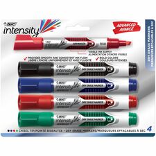 BIC Intensity Advanced Dry Erase Markers, Tank Style, Chisel Tip, Assorted colours, 4-Count Pack, Dry Erase Markers for College Supplies and School Supplies BICGELITP41AS