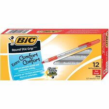 BIC Round Stic Grip Extra Comfort Red Ballpoint Pens, Medium Point (1.2mm), 12-Count Pack, Excellent Writing Pens With Soft Grip for Superb Comfort and Control BICGSMG11RD