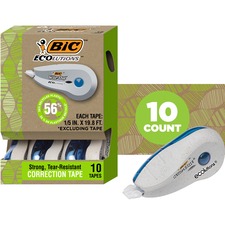 BIC Ecolutions Wite-Out Brand Correction Tape, 6 Metres, 10-Count Pack, Correction Tape Made from 56% Recycled Plastic Excluding Tape BICWOET10WHT